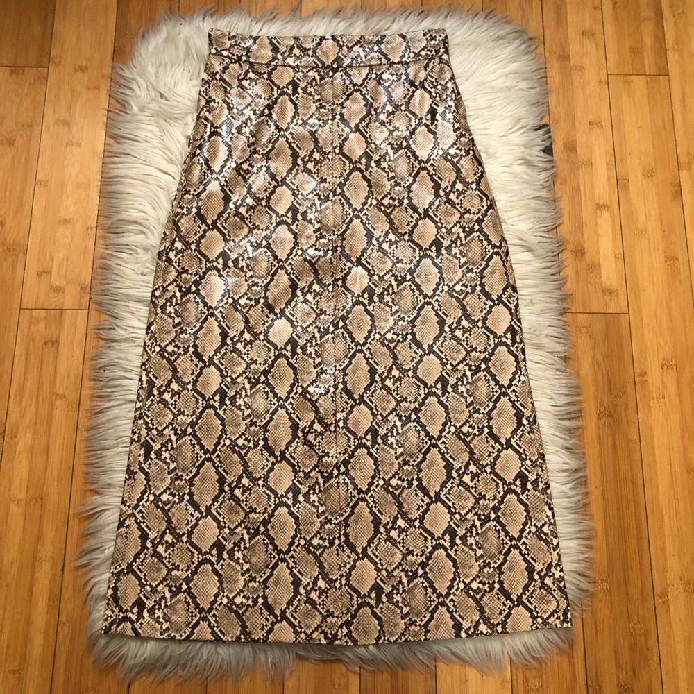 Zara Faux Leather Snake Skin Reptile Print Brown Tan Pencil Midi Skirt S NWT